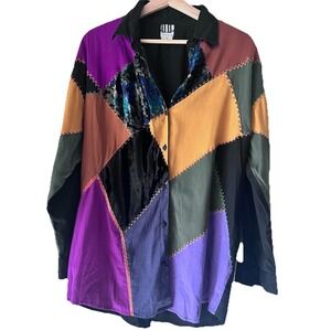 Vintage 90s OVERSIZED Tunic Top‎ VELVET Patchwork DD Designs Y2K Loose Fit Funky